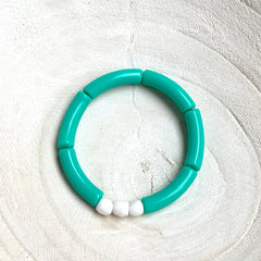 Acrylic Bamboo Tube Stretch Bangle White Opaque Glass Beads