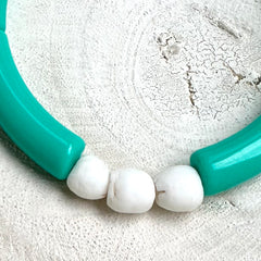 Acrylic Bamboo Tube Stretch Bangle White Opaque Glass Beads